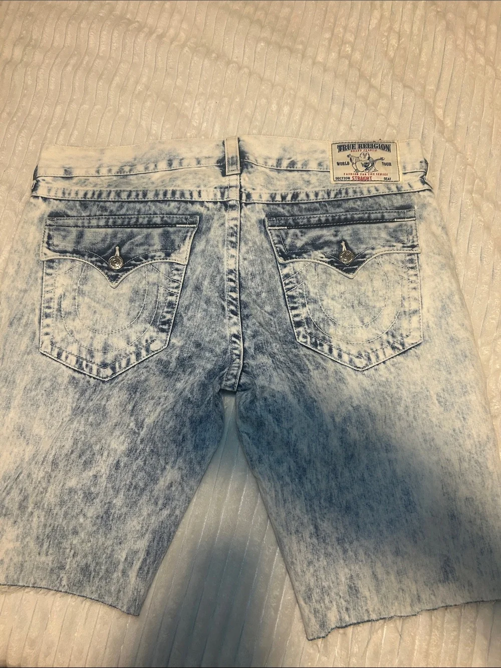 True Religion Men's Acid Wash Distressed Denim Shorts - Blue & White